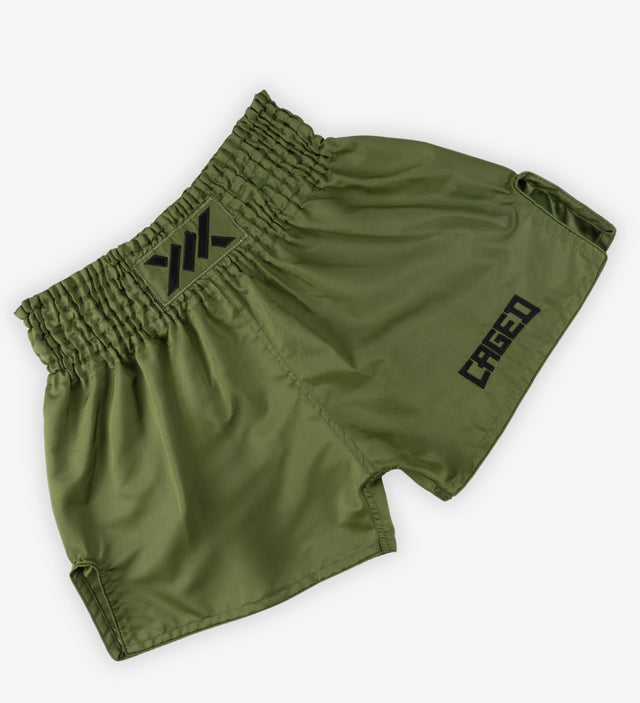 Caged Muay Thai Shorts Classic - Khaki Grün/Schwarz vrouw