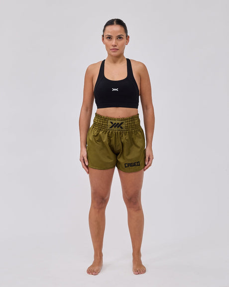 Caged Muay Thai Shorts Classic - Khaki Grün/Schwarz vrouw