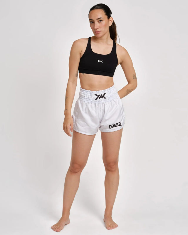Caged Muay Thai Shorts Classic - Weiss/Schwarz vrouw