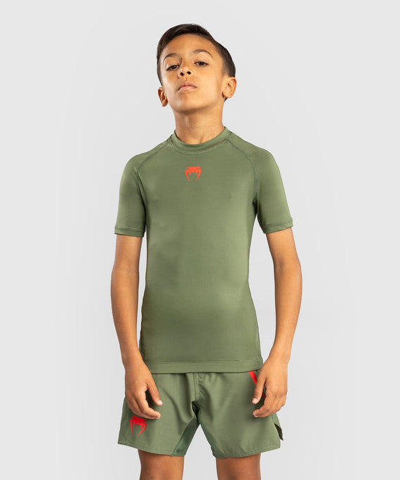Venum Rashguard Contender Kids Kurze Ärmel – Armeegrün/Orange