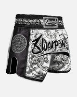 8 WEAPONS Muay Thai Shorts Carbon Sak Yant Tigers - Weiß